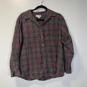 Talbots Womens Large Green Red Plaid Cotton Button Down Shirt Textured Jacquard